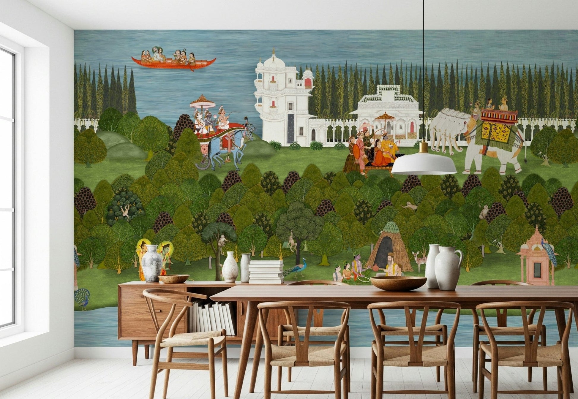 Indian miniature art style mural with storytelling landscape details, GD7558
