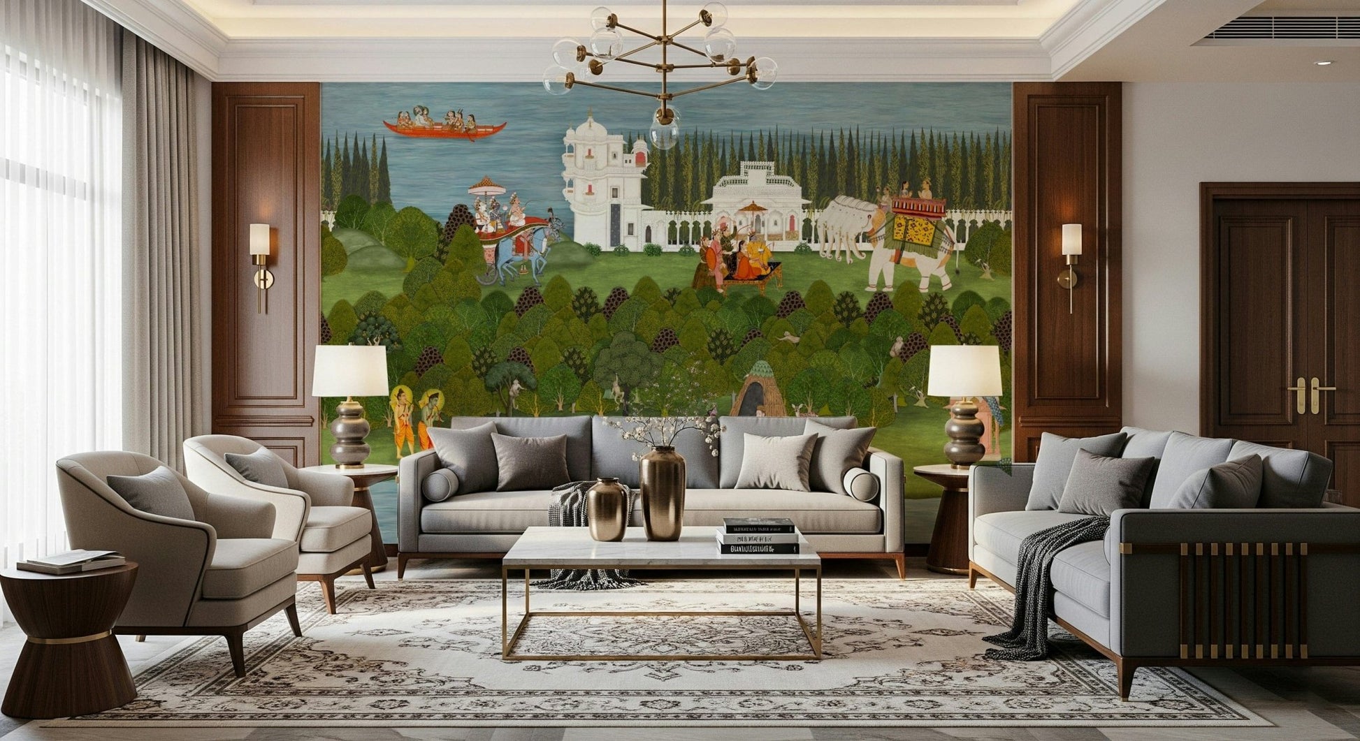 Panoramic wall mural inspired by Rishikesh and sacred river life, GD7558