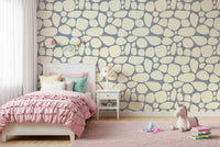 Pale cream and dusty blue River Rocks vinyl wallcovering.