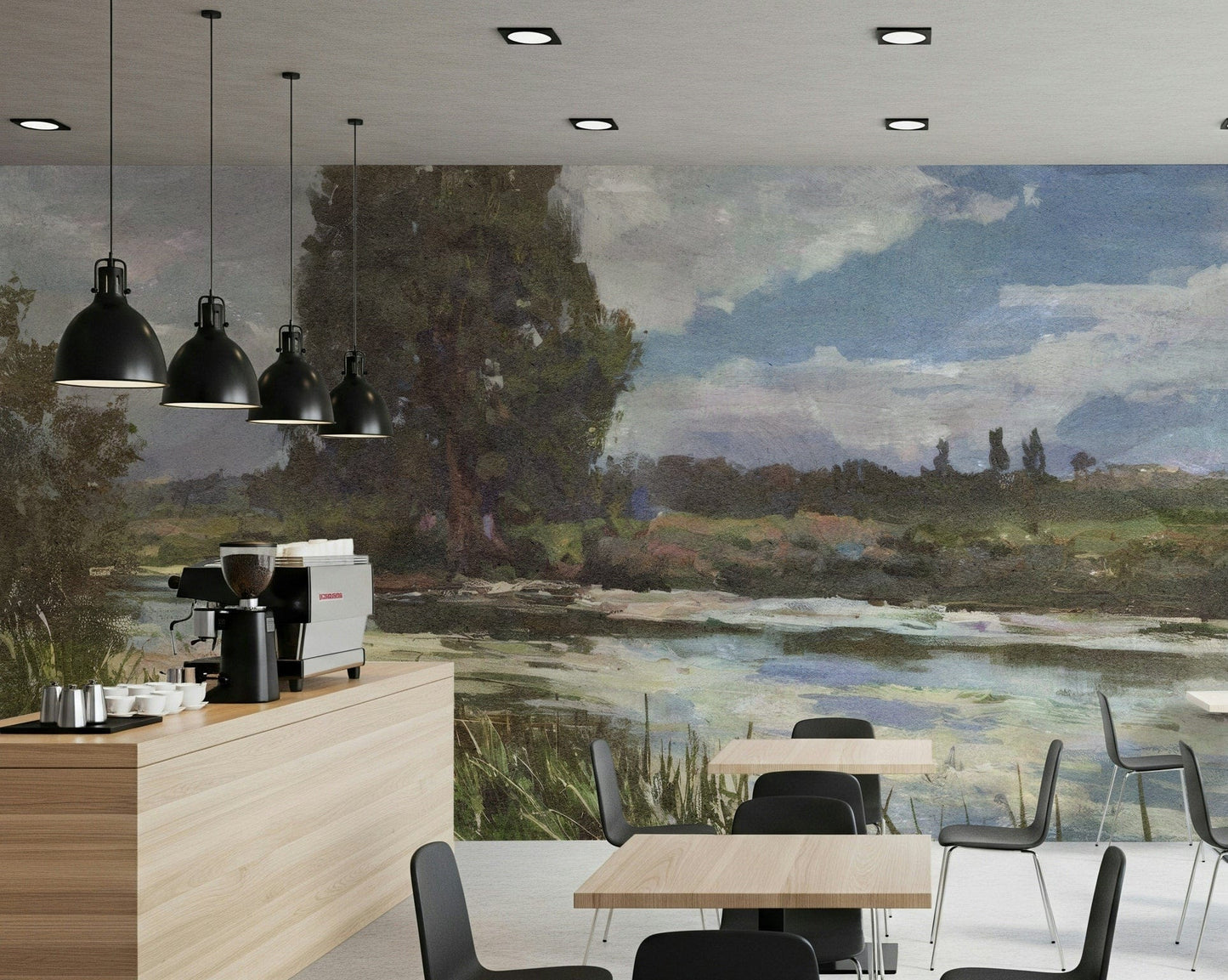 An artistic natural vista mural on scenic wallpaper.