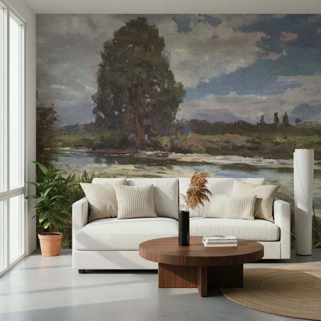 A graceful subtle pattern wall mural in cool, natural tones.