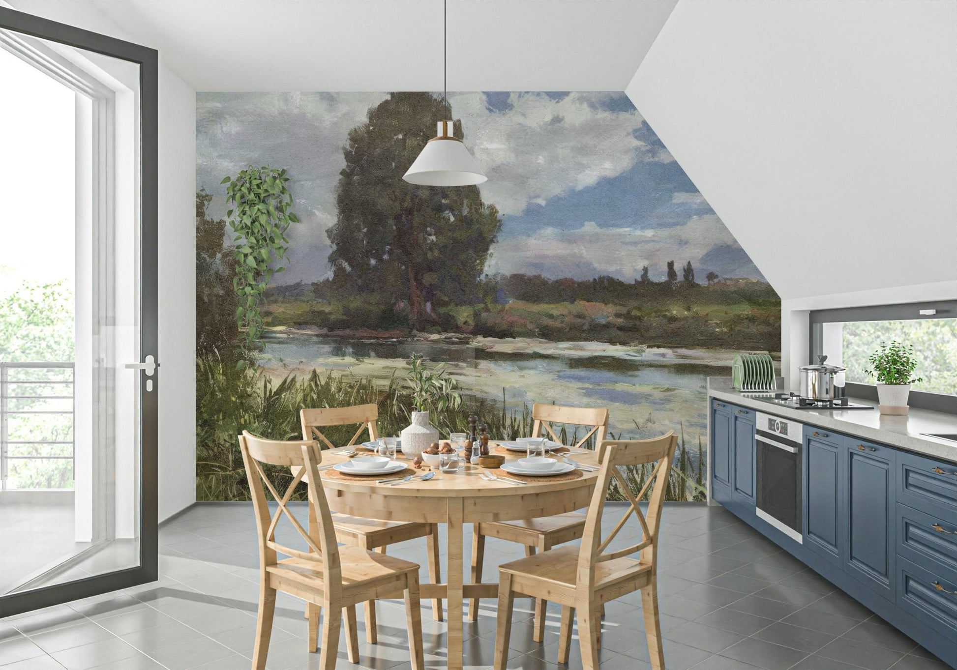 A tranquil subtle waterside wall mural for your decor.