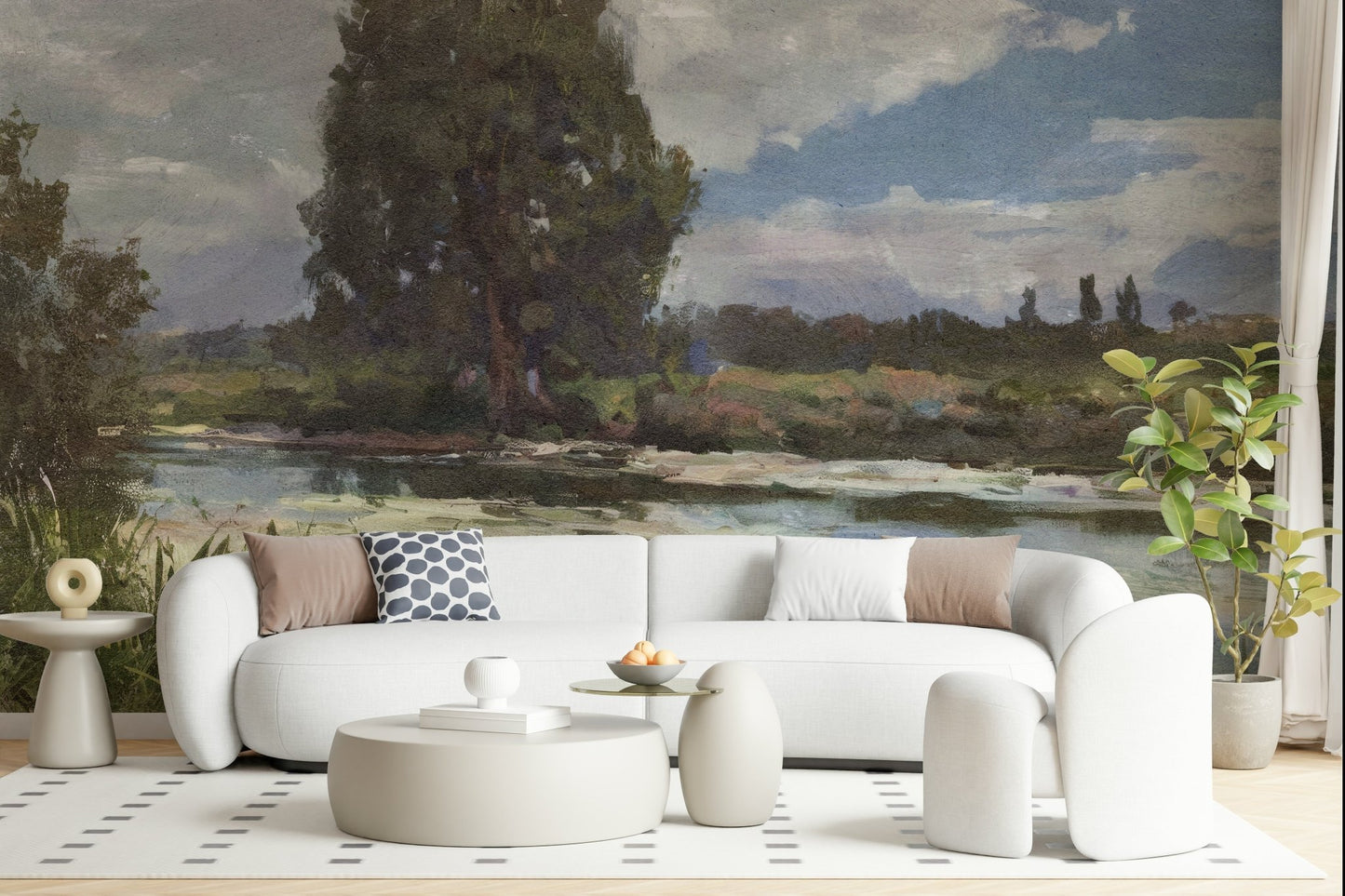 A beautiful serene riverbank wallpaper mural for a modern home.