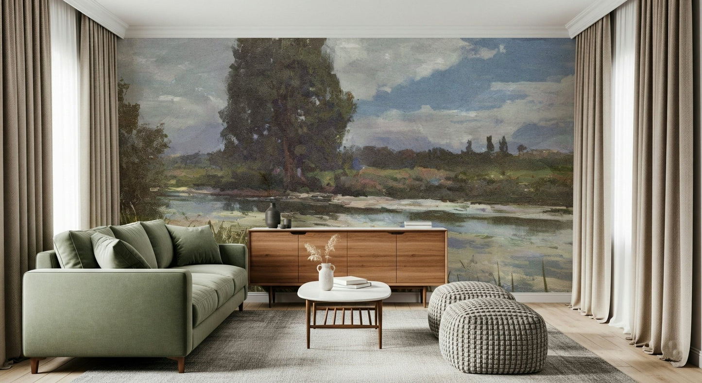 A beautiful wide-angle wall mural of a river landscape.