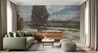 A beautiful wide-angle wall mural of a river landscape.