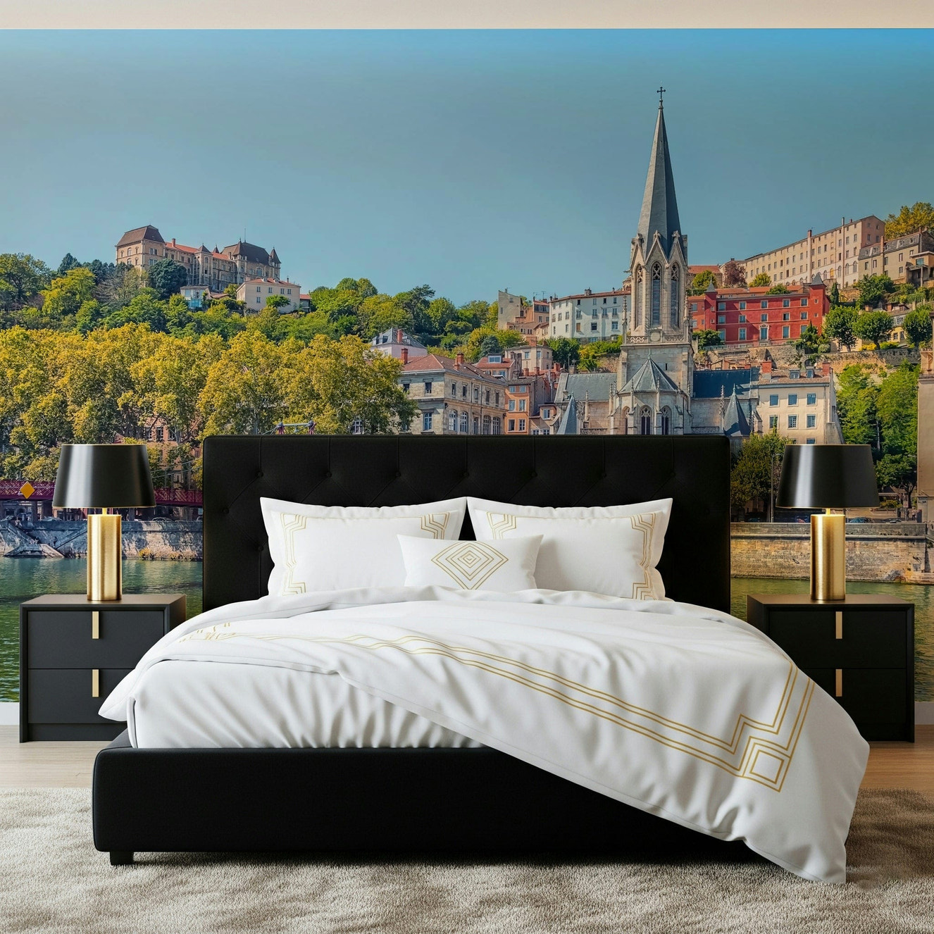 Riverside Charm: Lyon wallpaper showing historic buildings by the water.