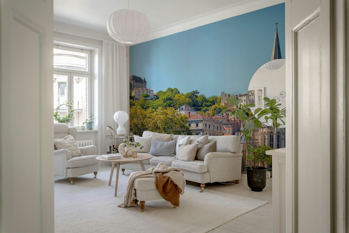 Calm river reflections in a Riverside Charm: Lyon wall mural for halls.