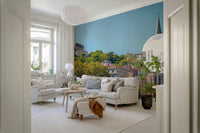 Calm river reflections in a Riverside Charm: Lyon wall mural for halls.