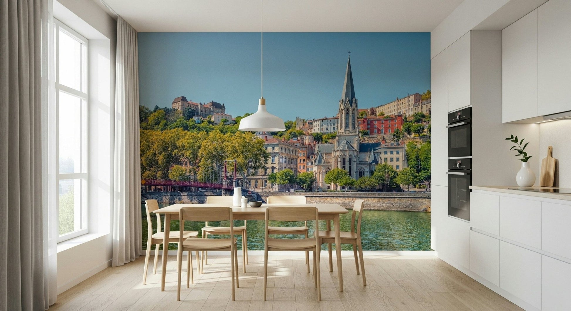 Riverside Charm: Lyon wallpaper with warm sunset tones for a home office.