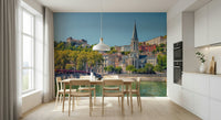 Riverside Charm: Lyon wallpaper with warm sunset tones for a home office.