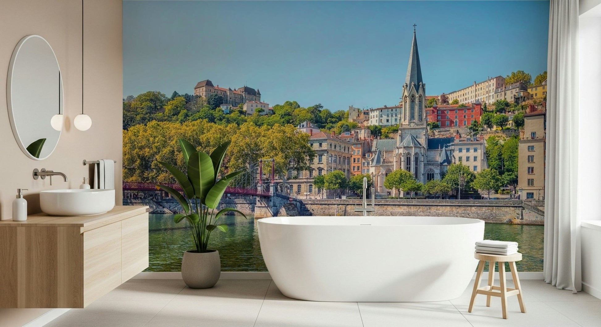 Realistic depth effect Riverside Charm: Lyon wall mural for bedrooms.