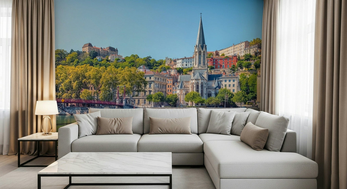 Riverside Charm: Lyon wall mural for a classic style living room.