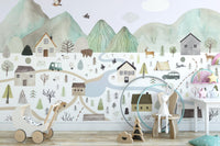 Peaceful riverside wallpaper illustration
