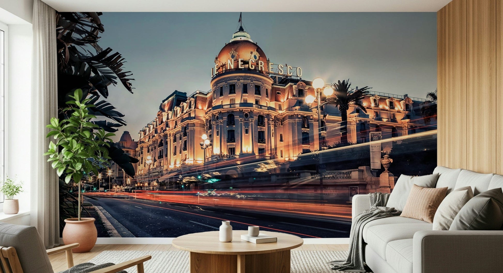 Realistic night scenery in an Azure Riviera Nights wall mural for halls.