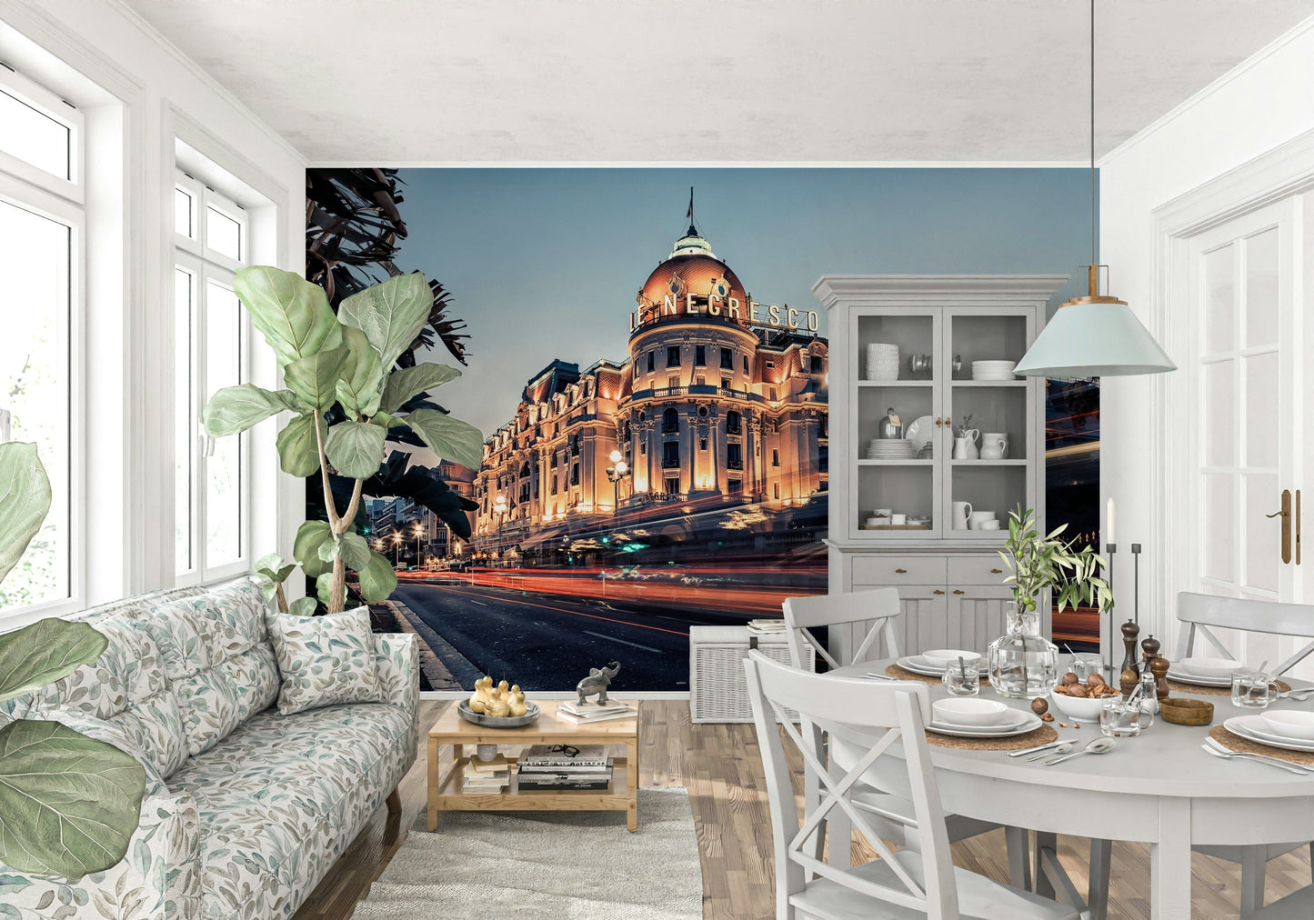 Sophisticated coastal art in an Azure Riviera Nights wall mural.