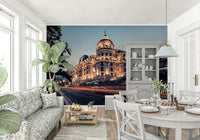 Sophisticated coastal art in an Azure Riviera Nights wall mural.