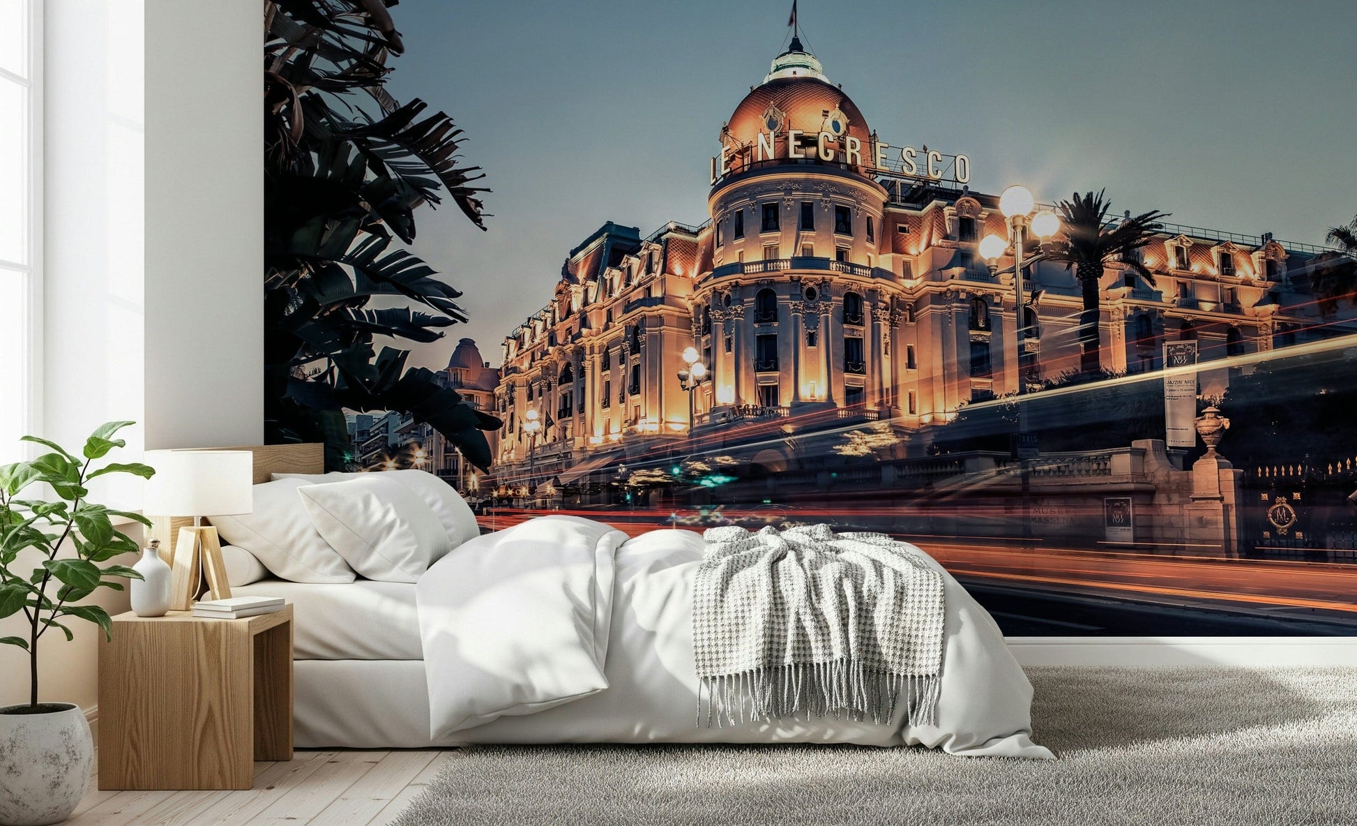 Azure Riviera Nights wall mural for a modern coastal living room.