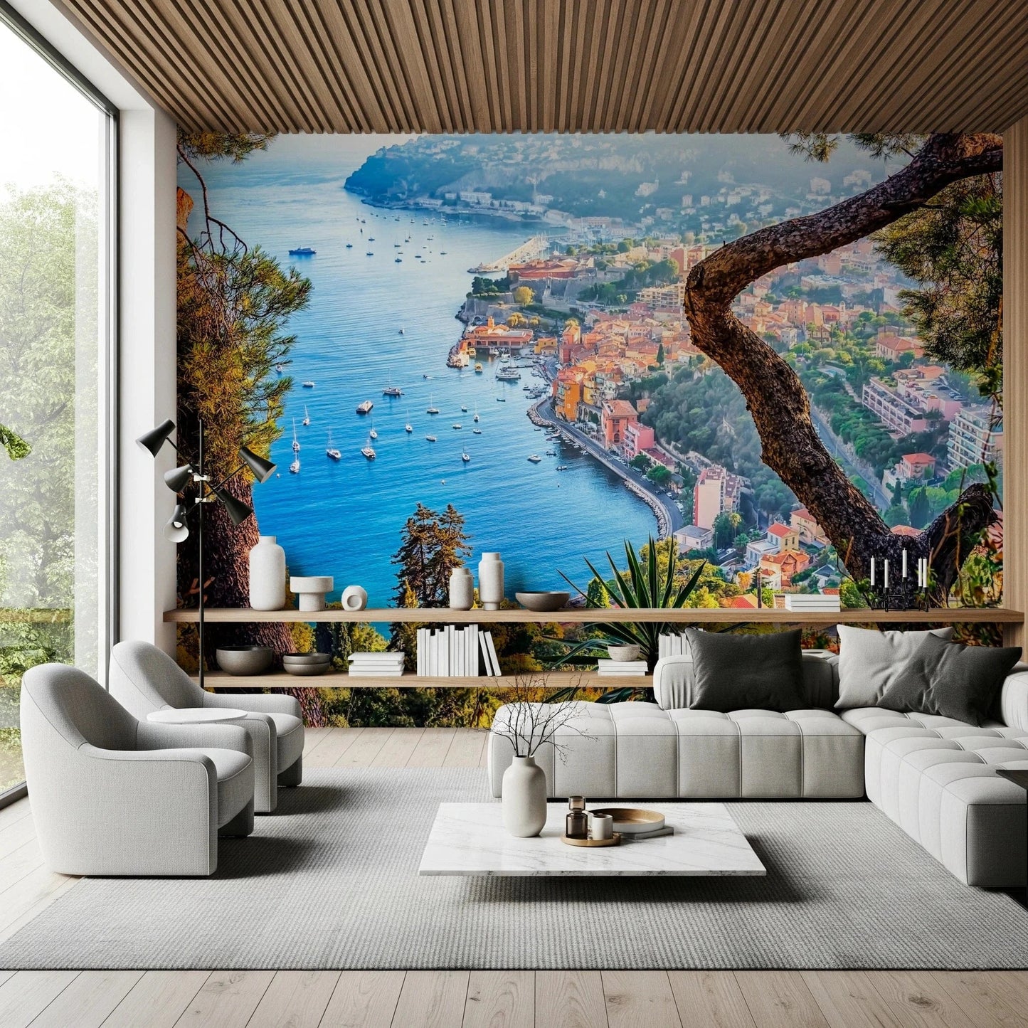 Riviera Vista Wall Mural wallpaper mural with blue and white colour.