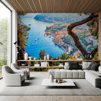 Riviera Vista Wall Mural wallpaper mural with blue and white colour.