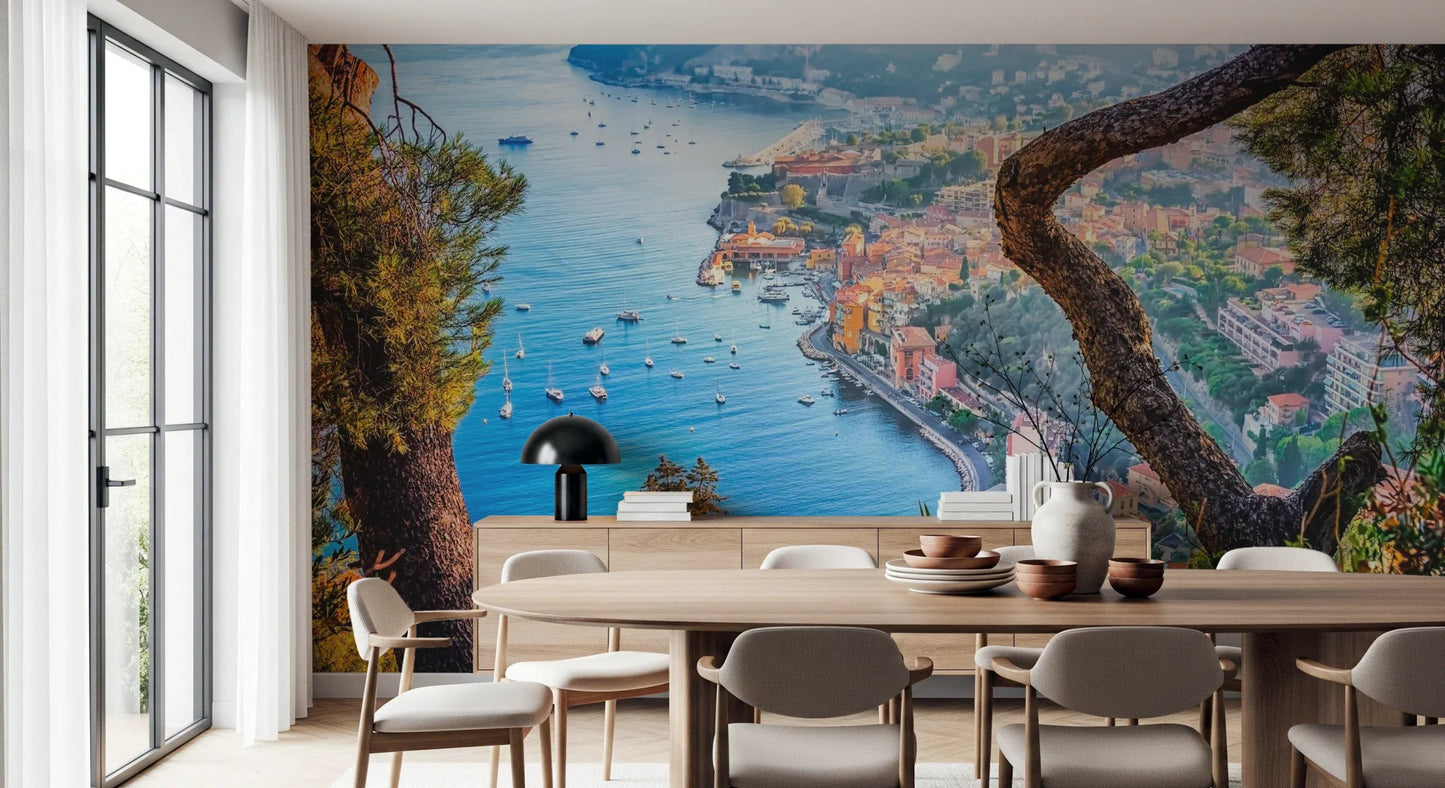 Mediterranean sea view wallpaper mural for a breezy bedroom wall.