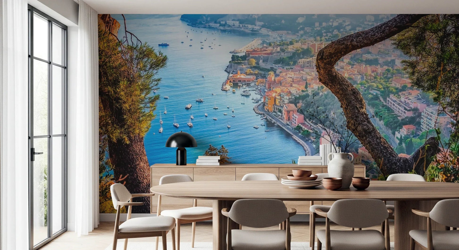 Mediterranean sea view wallpaper mural for a breezy bedroom wall.
