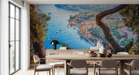 Mediterranean sea view wallpaper mural for a breezy bedroom wall.