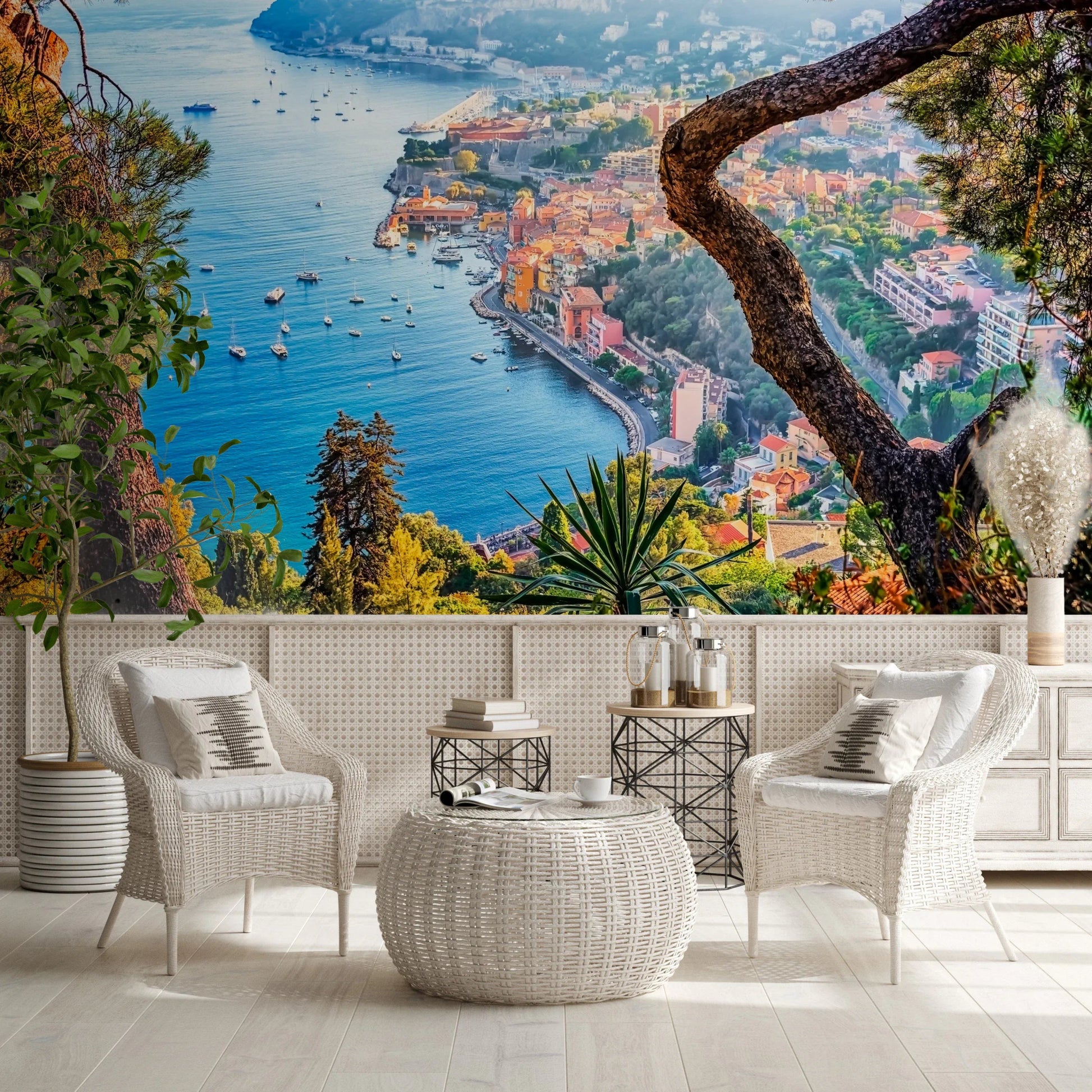 Seaside landscape wallpaper mural for a modern apartment hallway.
