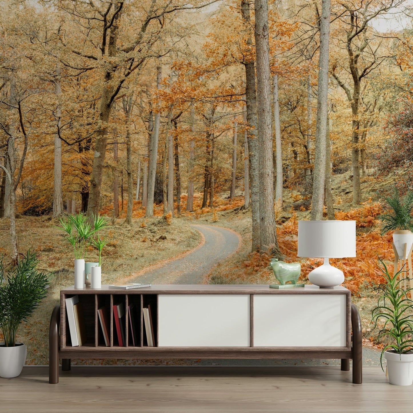 Road in autumn woods wall mural

