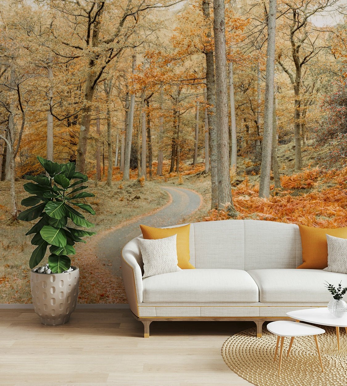 Path through trees mural with fall colors

