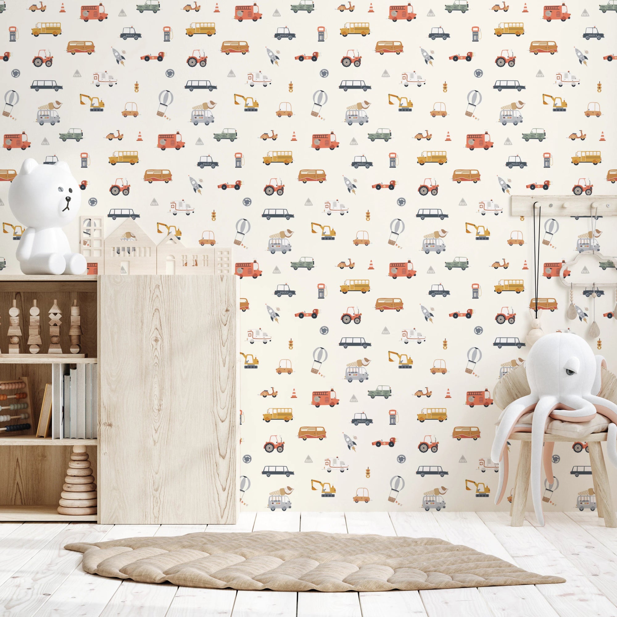Road Trip Fun nursery wallpaper with cute vehicles, GD8159