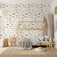 Cream background wallpaper with cars and buses