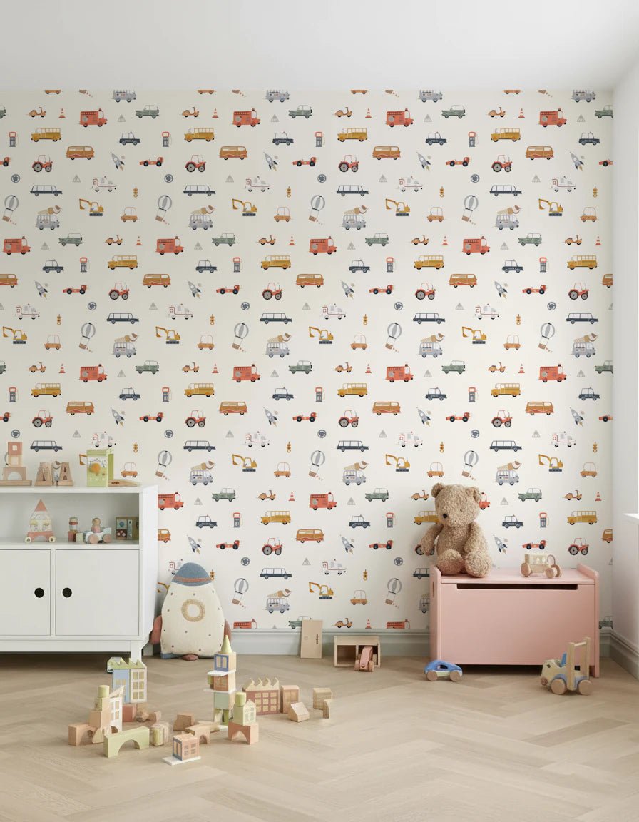 Cream nursery wallpaper with travel icons