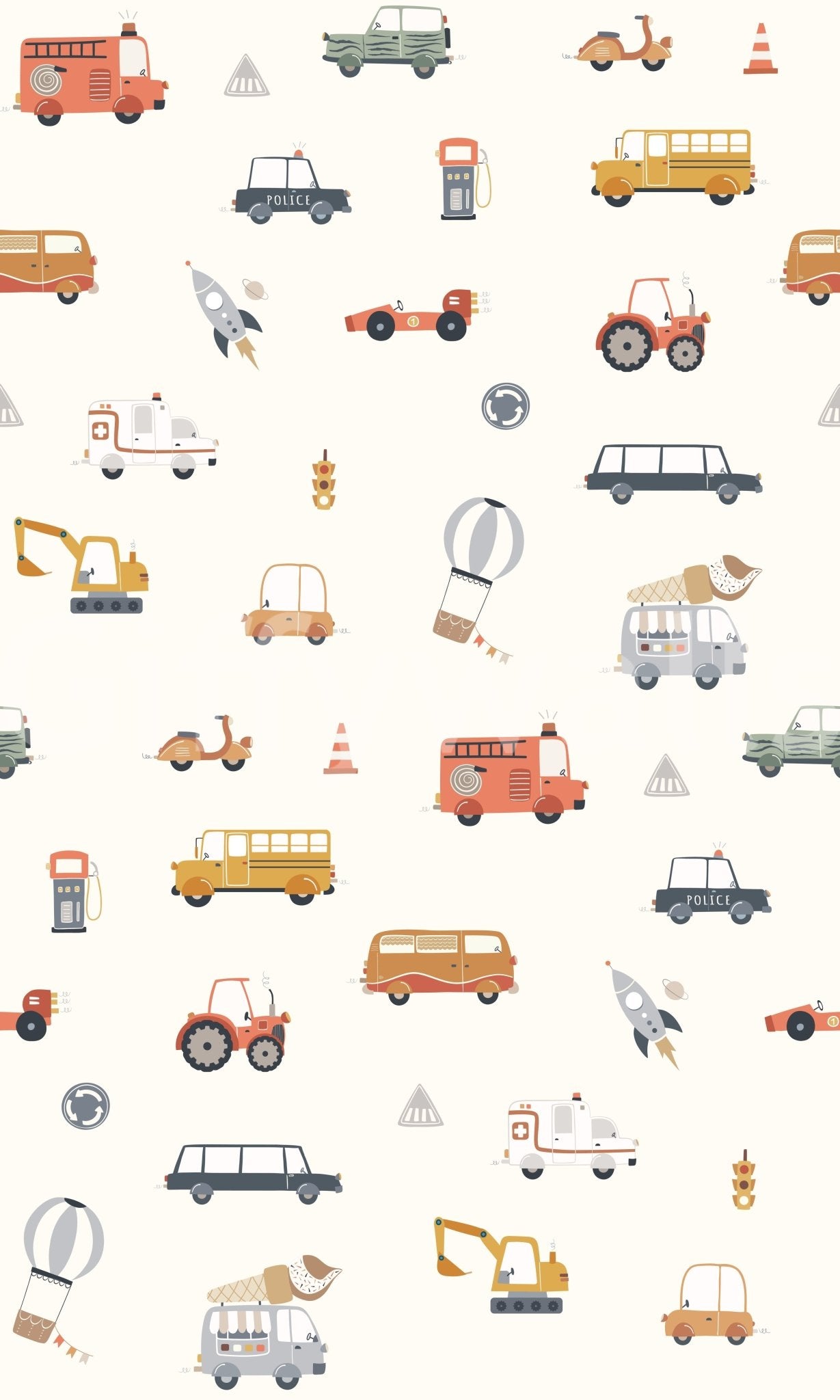 Nursery wallpaper with buses and traffic signs