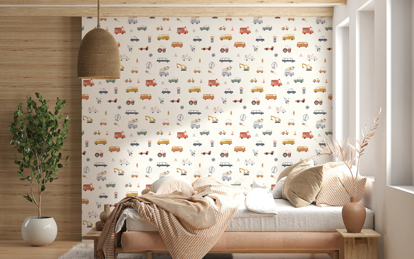 Kids room wallpaper with trucks and tractors
