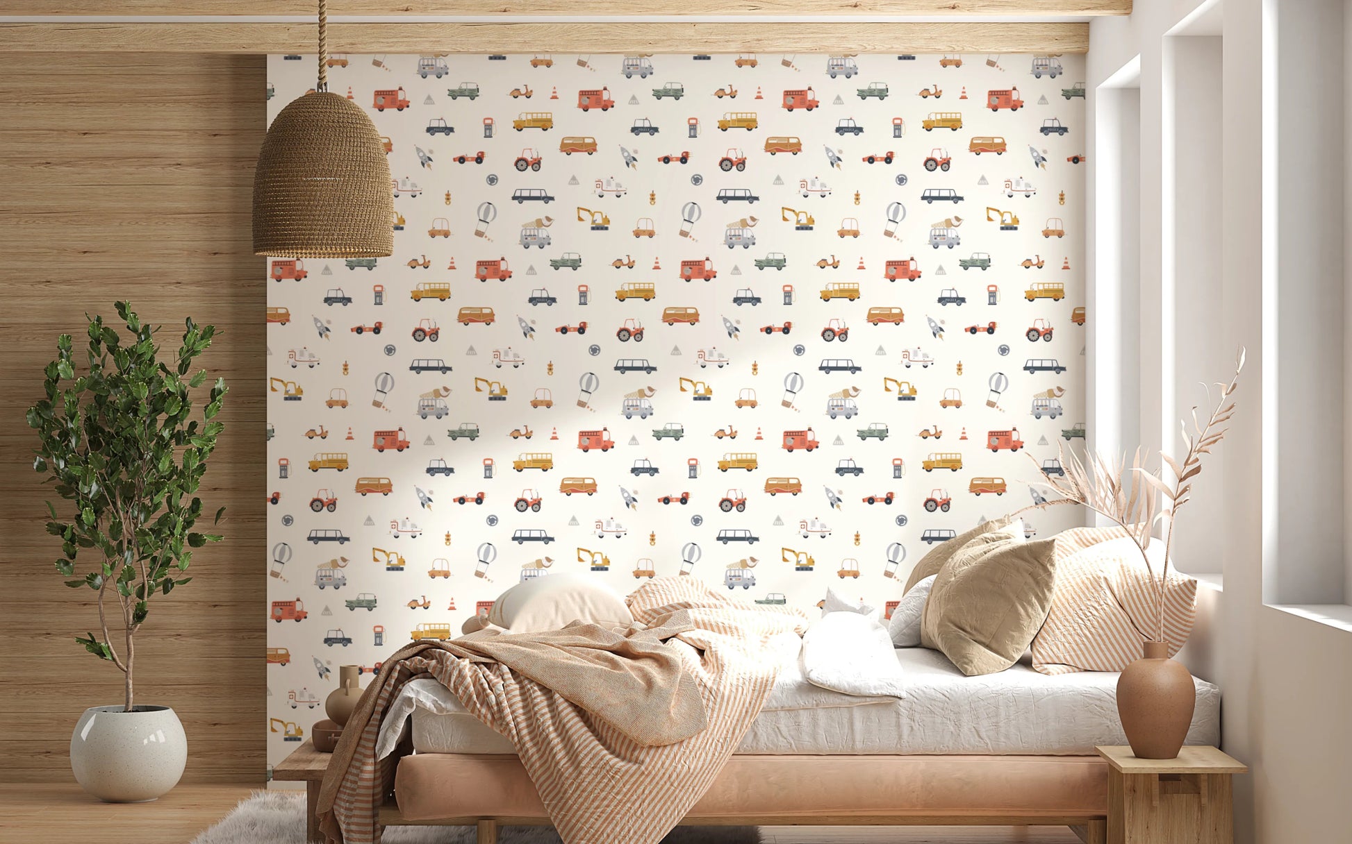 Kids room wallpaper with trucks and tractors
