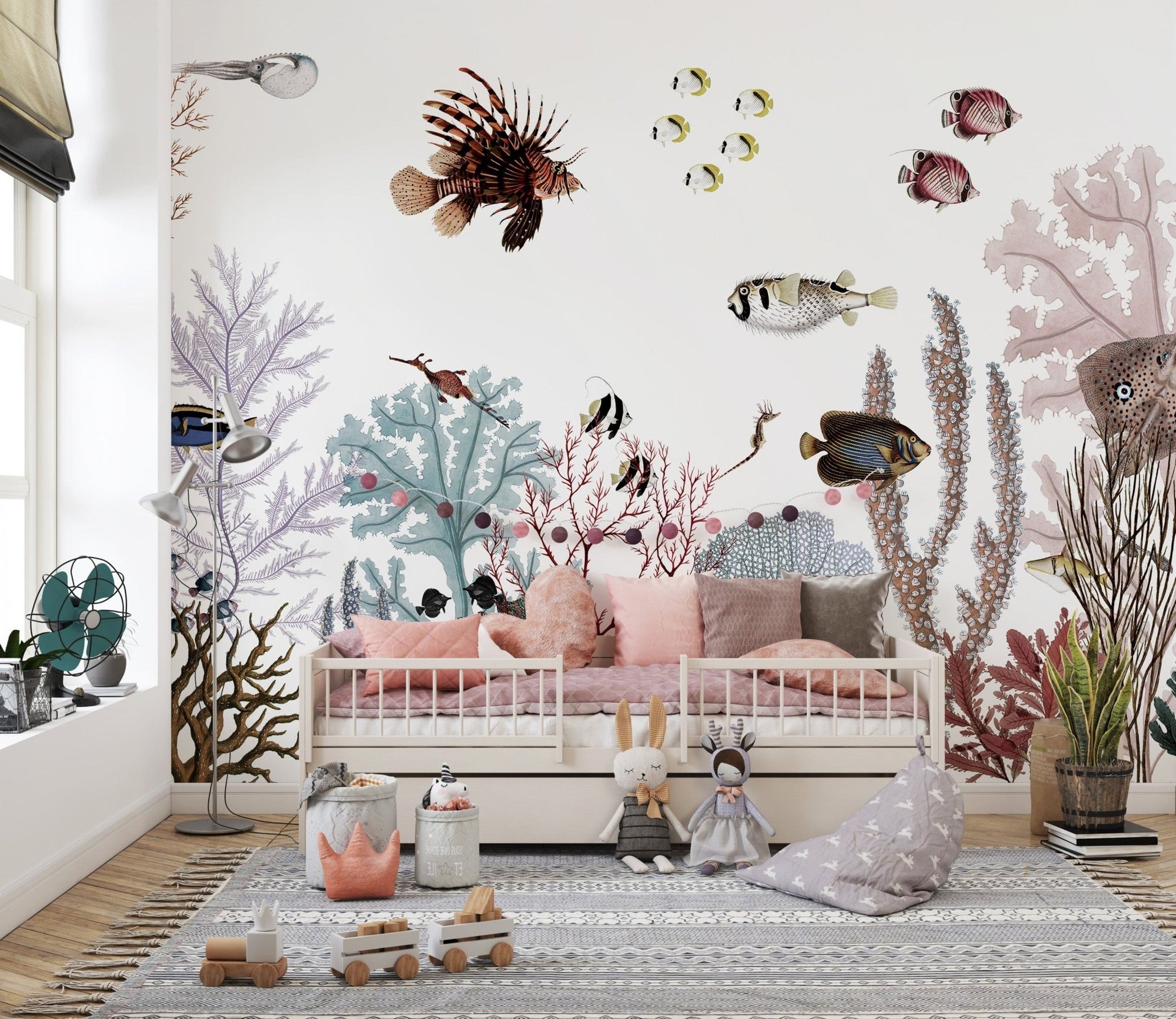 Colorful reef wallpaper mural with white background SRED22