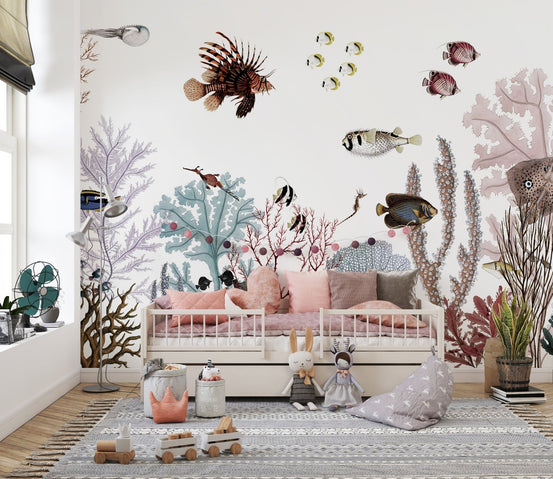 Colorful reef wallpaper mural with white background SRED22