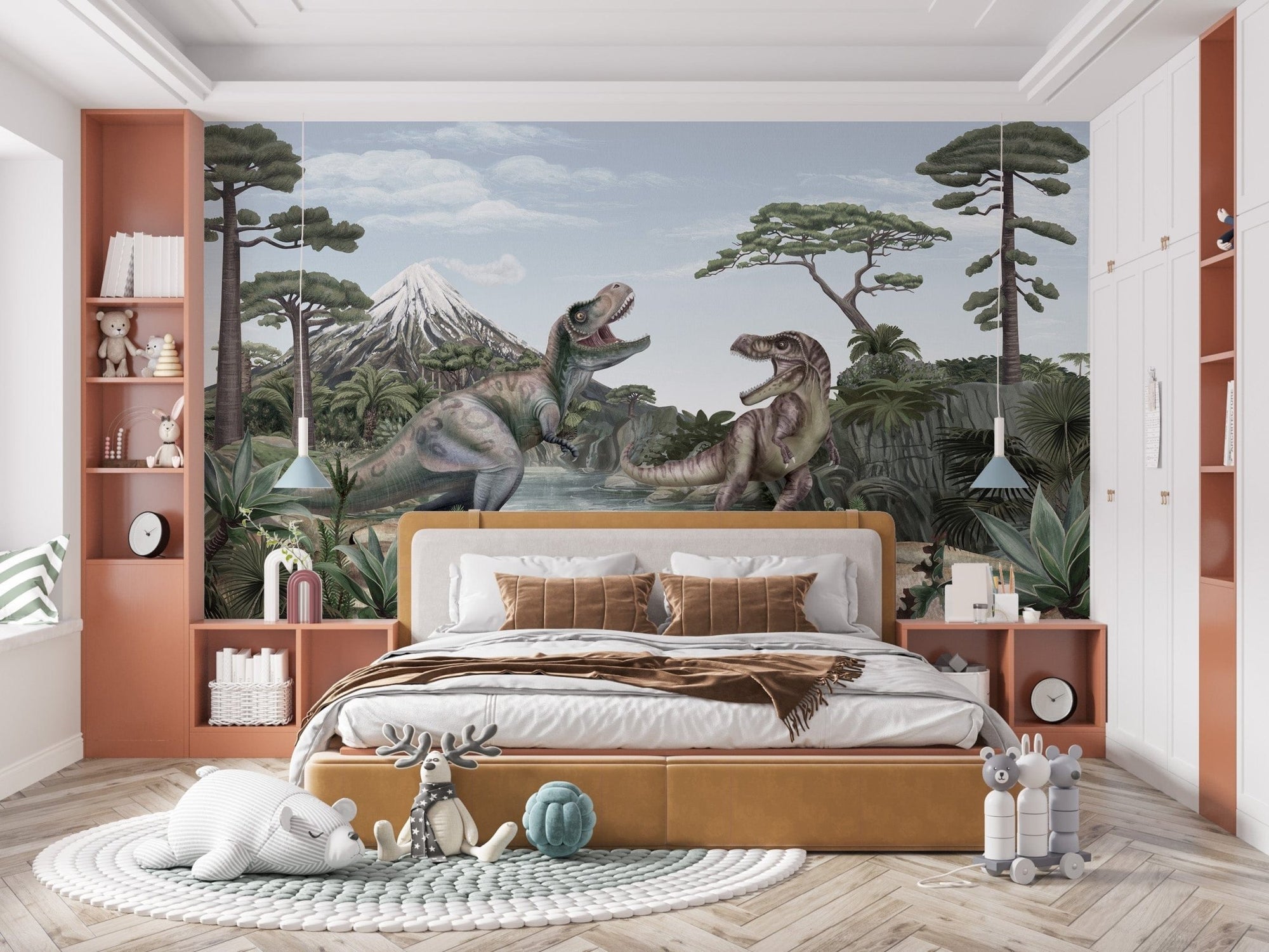 Terrific T-Rex dinosaur mural wallpaper with lush scenery KB49