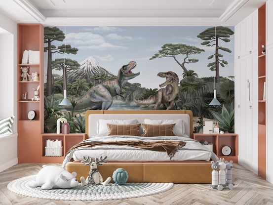 Terrific T-Rex dinosaur mural wallpaper with lush scenery KB49