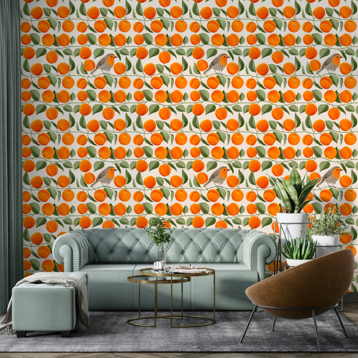 Mural wallpaper with apricots and perched bird, GD2643