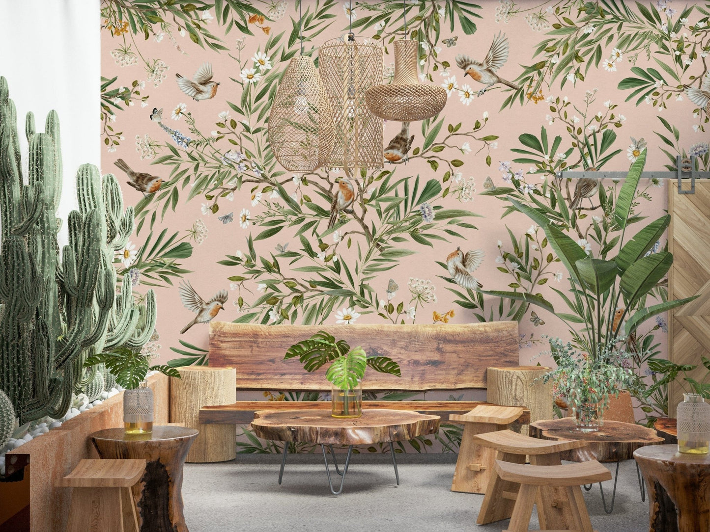 Detailed bird and flower mural behind a guest bed with neutral linens.