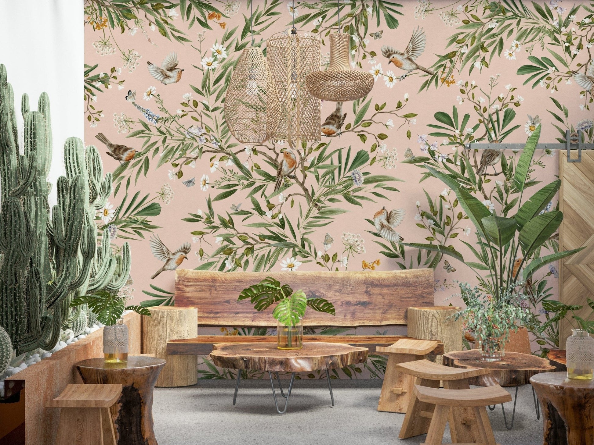 Detailed bird and flower mural behind a guest bed with neutral linens.