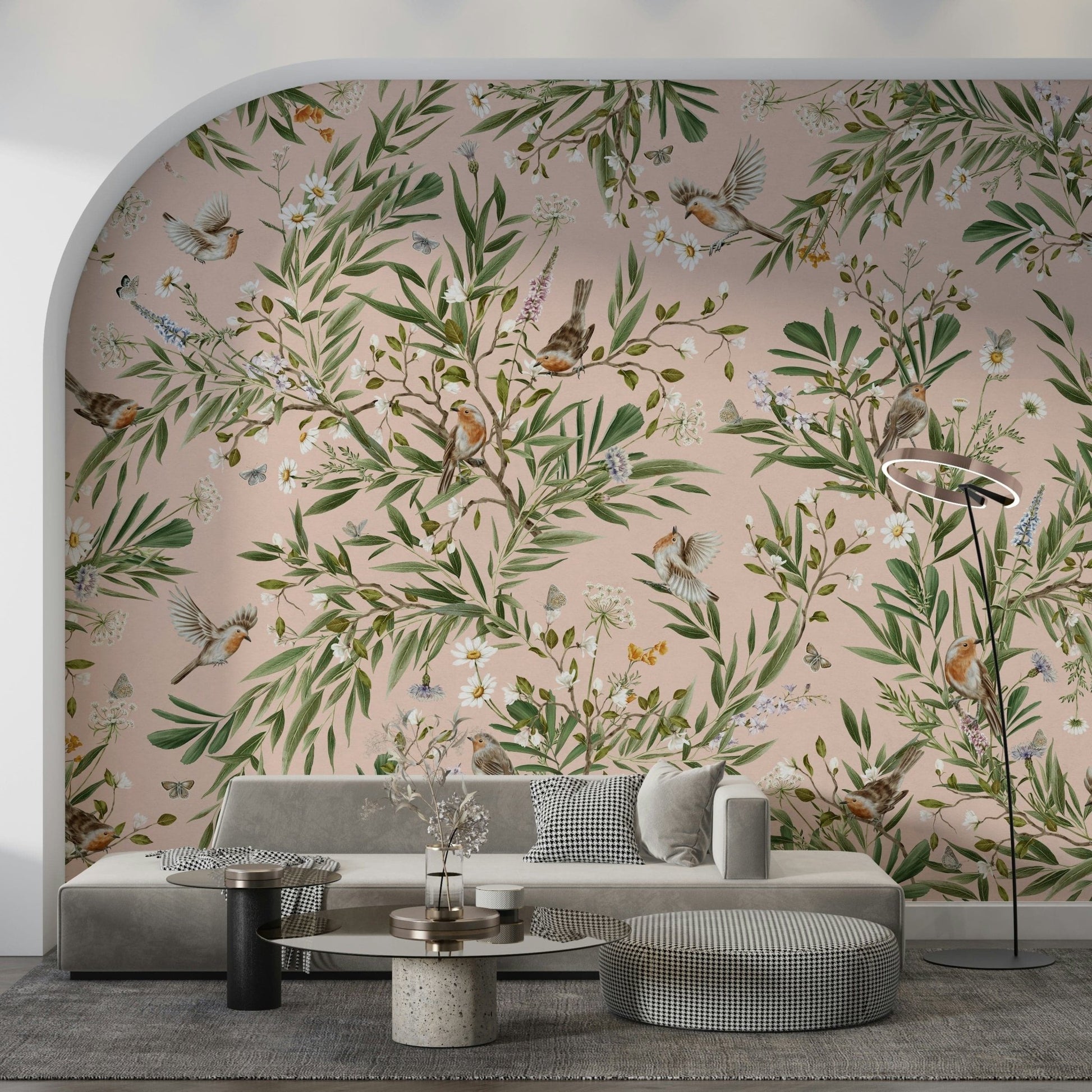 Soft pink and green bird theme wall decor for a contemporary lounge room.