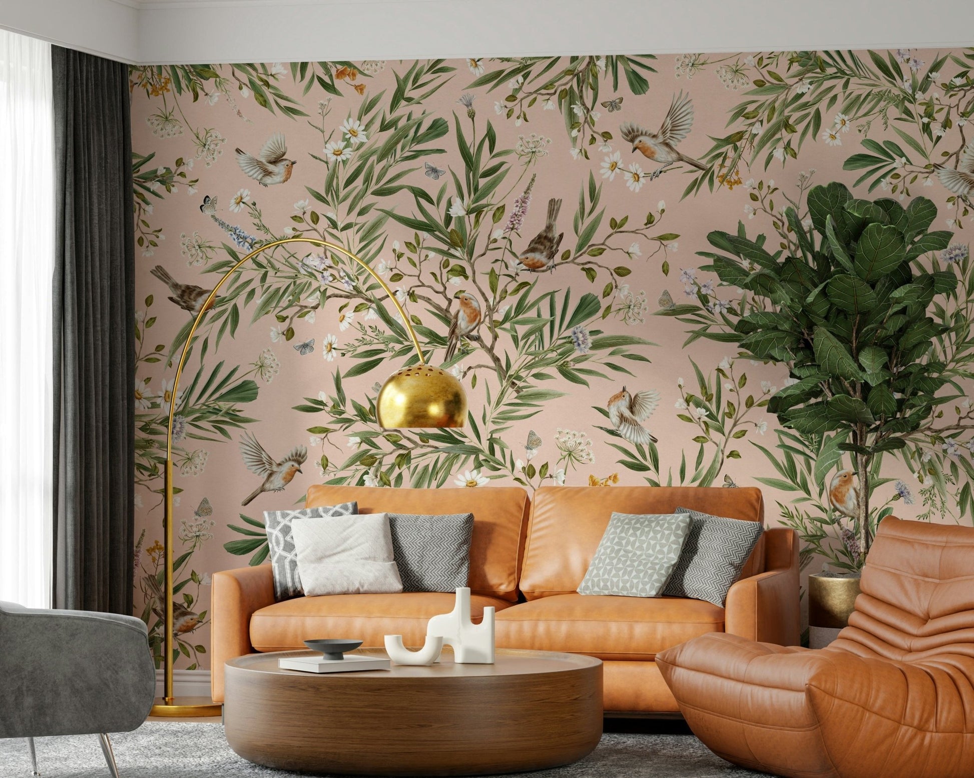 Sophisticated bird pattern wall covering for a boutique hotel reception area.