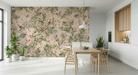 Botanical bird wallpaper for a home office with a minimalist white desk.