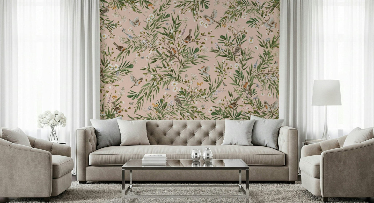 Robin's Bloom Wall Mural in a modern living room with a grey sofa and plants.