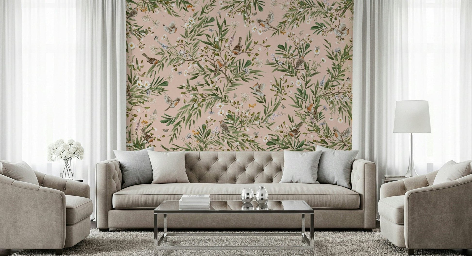 Robin's Bloom Wall Mural in a modern living room with a grey sofa and plants.
