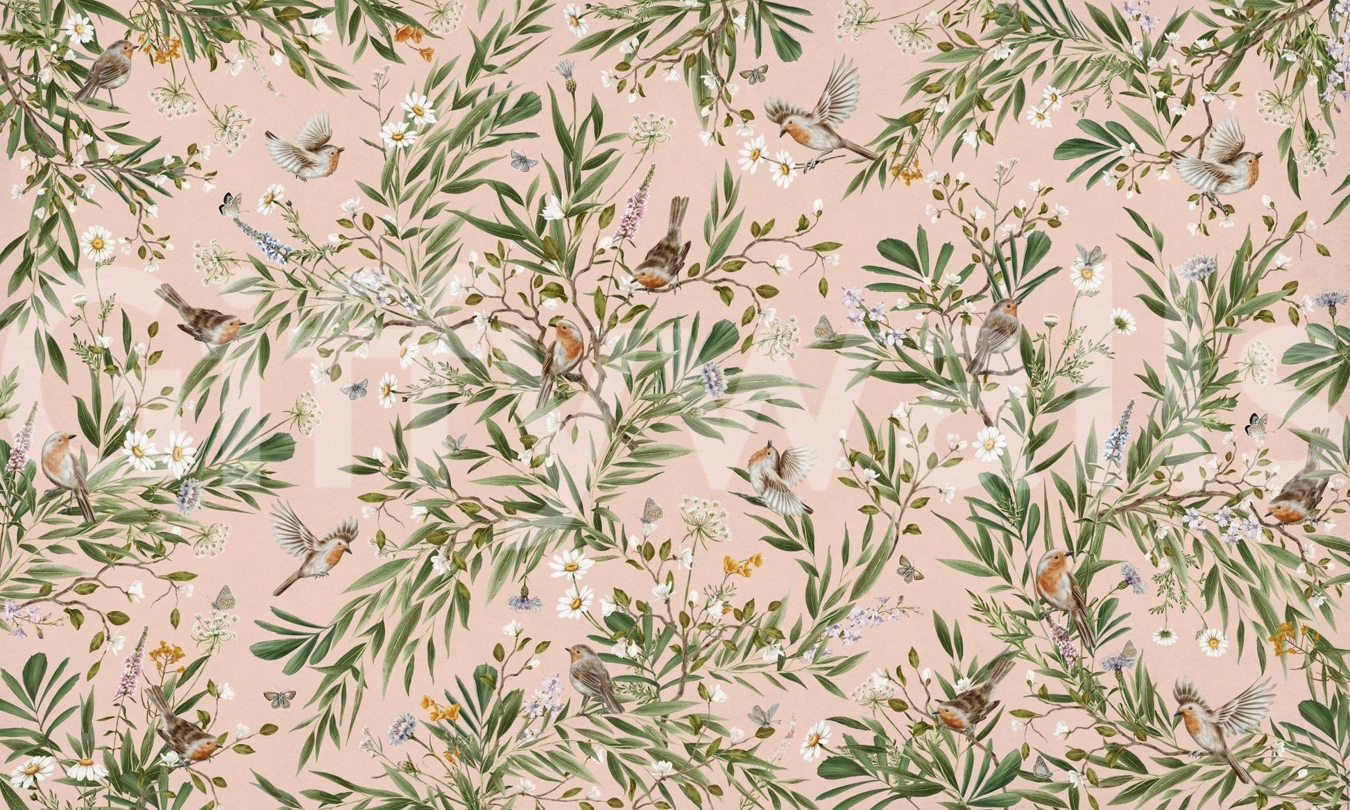 Artistic floral mural for a meditation space with natural light and cushions.