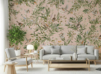 Robin's Bloom Wall Mural as a feature wall in a dining area with wooden chairs.