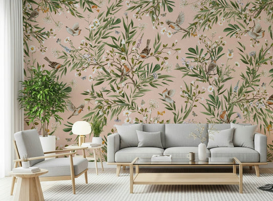 Robin's Bloom Wall Mural as a feature wall in a dining area with wooden chairs.
